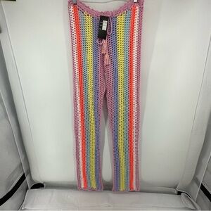 Hot‎ & Delicious Sz Large Rainbow Crotchet Granny Knit Pants NWT Boho